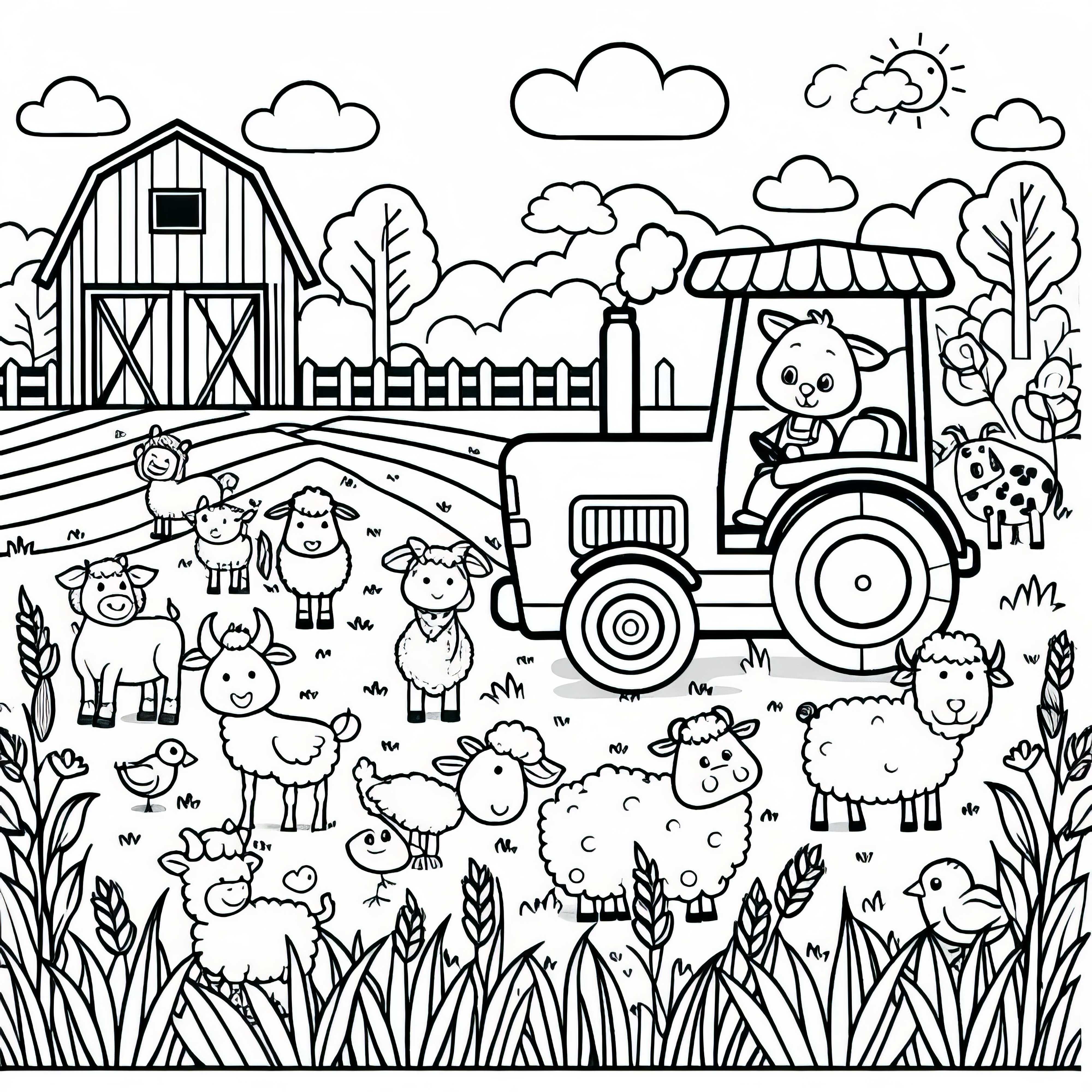 Tracteur traversant un champ avec des animaux - Dessin à colorier gratuit pour les garçons à partir de trois ans