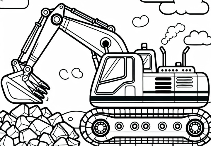 Excavateur soulève des pierres sur le chantier – Dessin à colorier gratuit pour les garçons à partir de trois ans