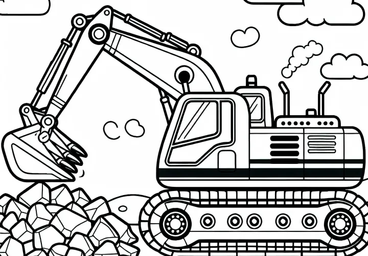 Excavateur soulève des pierres sur le chantier – Dessin à colorier gratuit pour les garçons à partir de trois ans