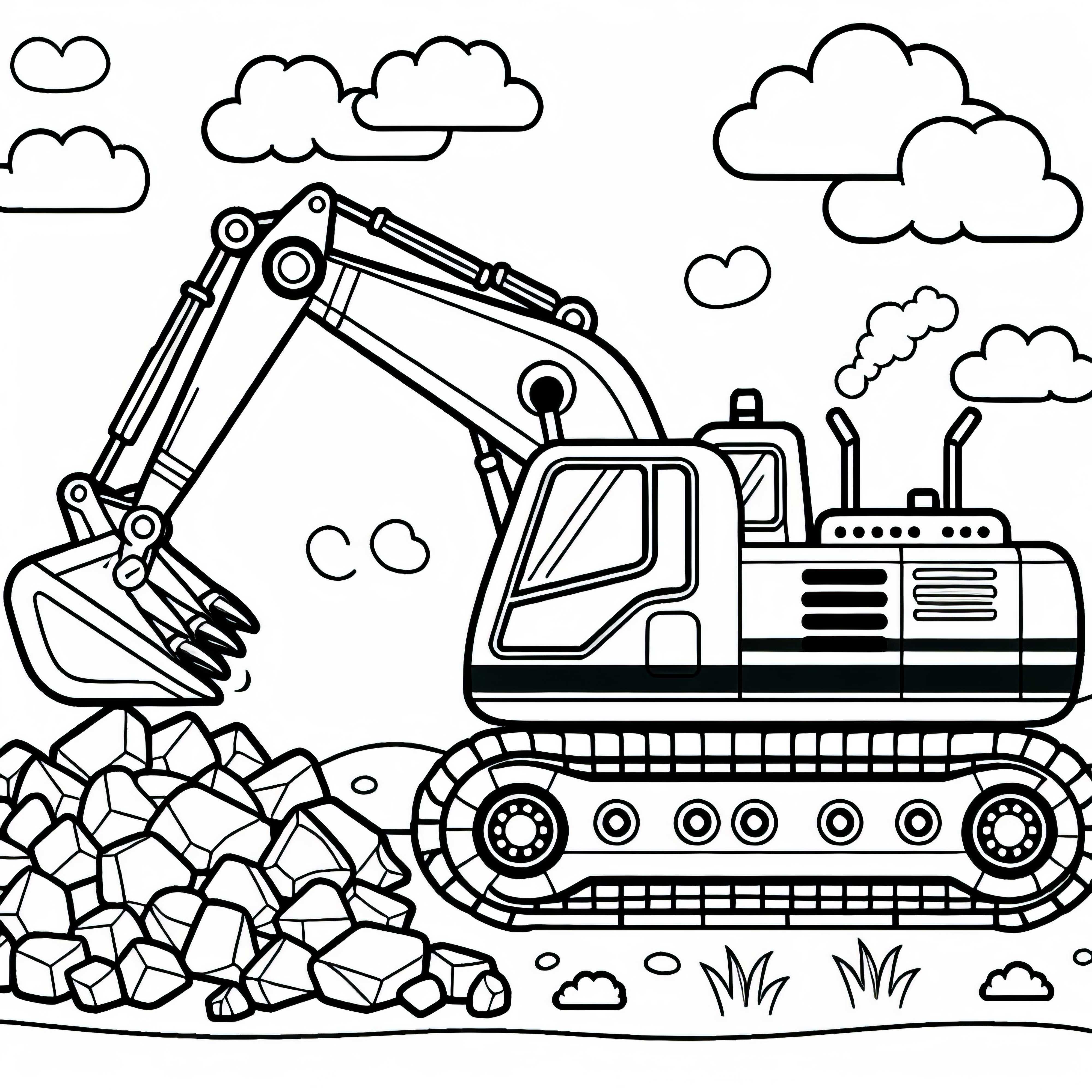 Excavateur soulève des pierres sur le chantier - Dessin à colorier gratuit pour les garçons à partir de trois ans