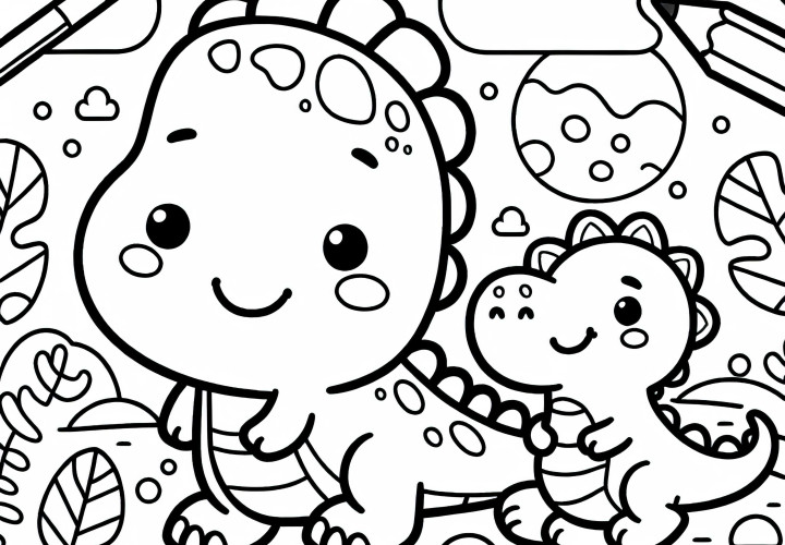Dino souriant avec bébé Dino : modèle à colorier pour les garçons à partir de trois ans, gratuit