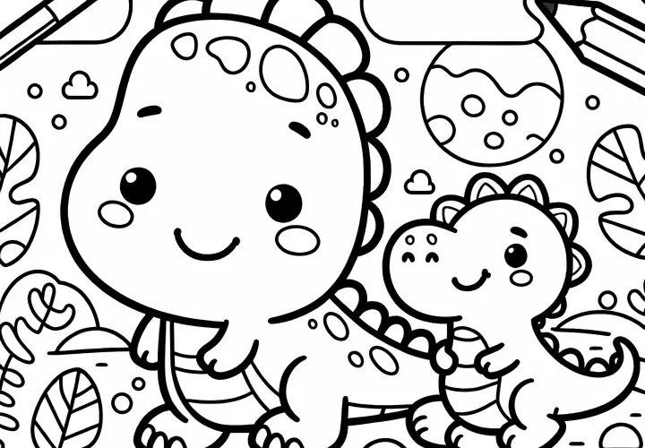 Dino souriant avec bébé Dino : modèle à colorier pour les garçons à partir de trois ans, gratuit