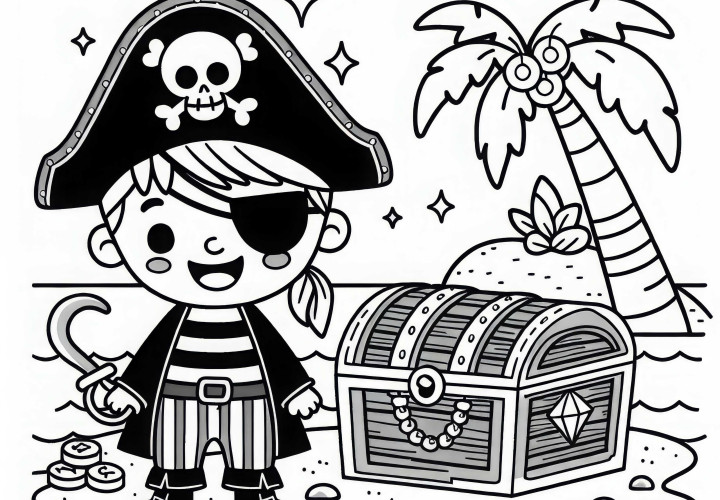 Pirate avec coffre au trésor sur une île - Dessin à colorier gratuit pour les garçons à partir de trois ans