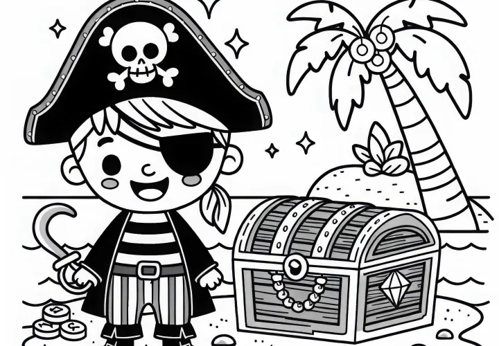 Pirate avec coffre au trésor sur une île - Dessin à colorier gratuit pour les garçons à partir de trois ans