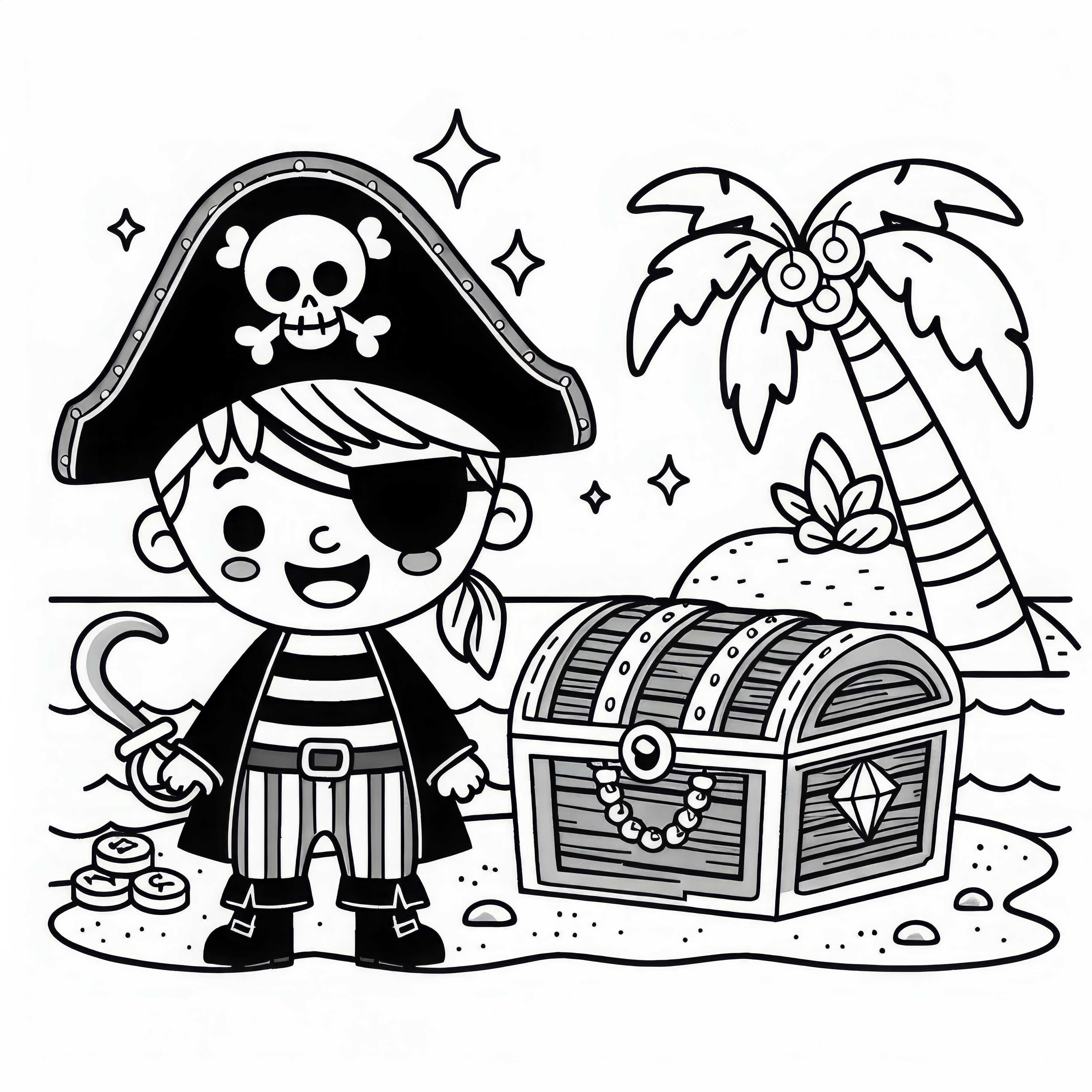 Pirate avec coffre au trésor sur une île – Dessin à colorier gratuit pour les garçons à partir de trois ans