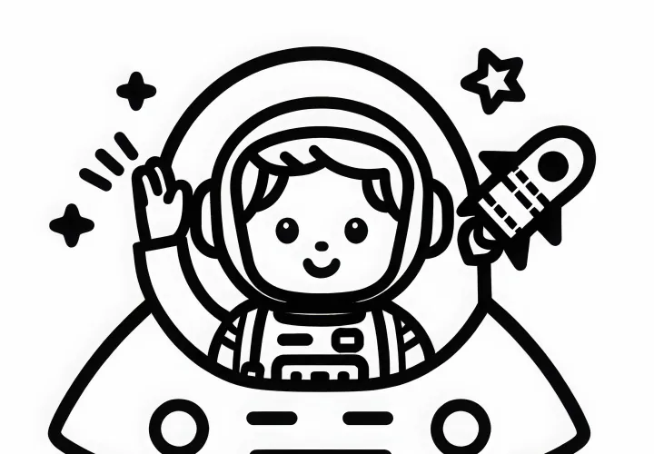 Astronaute fait un signe de la main depuis la fusée - Dessin à colorier gratuit pour les garçons à partir de trois ans