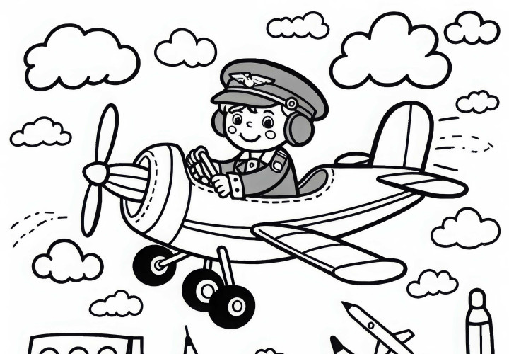 Avion avec un enfant pilote - Dessin à colorier gratuit pour les garçons à partir de trois ans