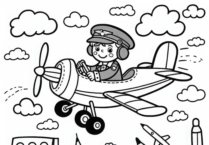 Avion avec un enfant pilote - Dessin à colorier gratuit pour les garçons à partir de trois ans