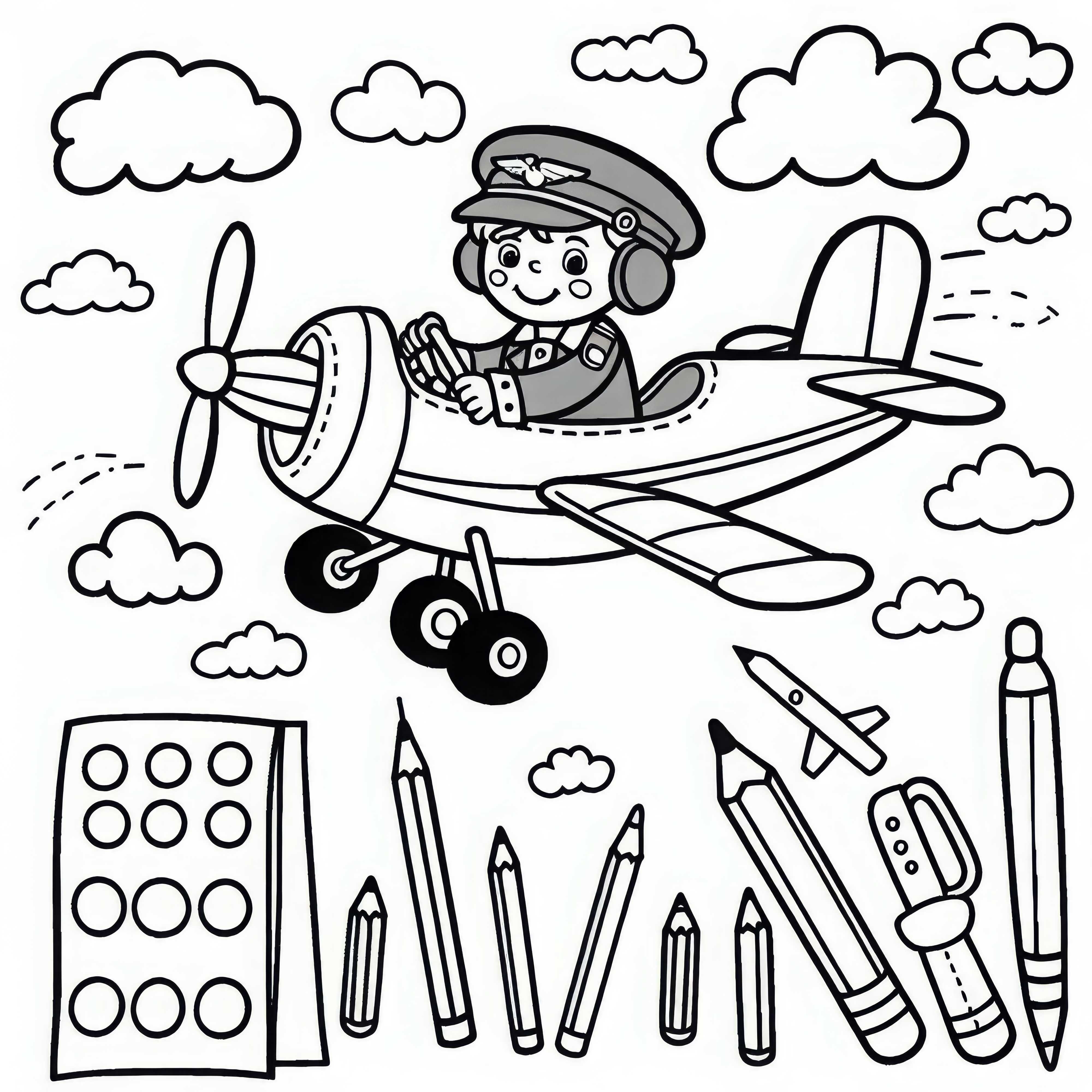 Avion avec enfant pilote – Dessin à colorier pour les garçons à partir de trois ans, gratuit