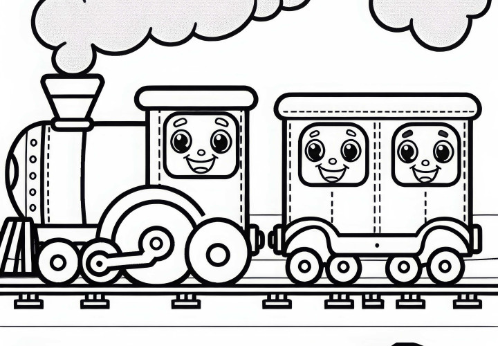 Train avec un visage joyeux sur des wagons - Dessin à colorier pour les garçons à partir de trois ans