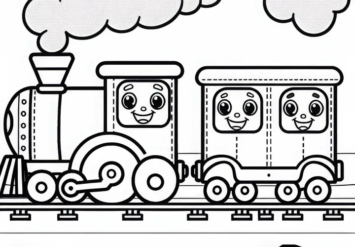 Train avec un visage joyeux sur des wagons - Dessin à colorier pour les garçons à partir de trois ans