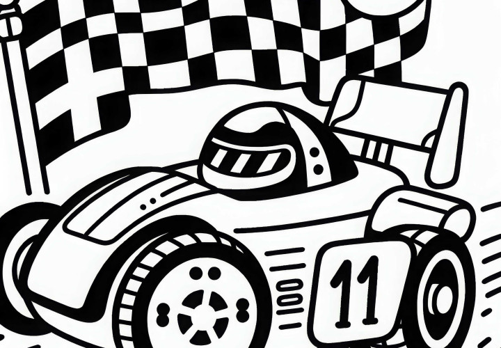 Page de coloriage de voiture de course avec drapeau à damier pour garçons à partir de trois ans, gratuite