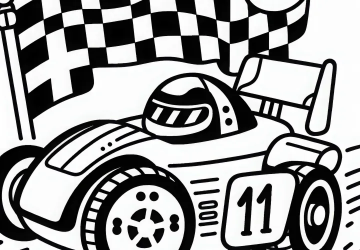 Page de coloriage de voiture de course avec drapeau à damier pour garçons à partir de trois ans, gratuite
