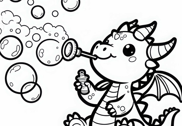 Dragon souffle des bulles de savon - Dessin à colorier pour les garçons à partir de trois ans, gratuit