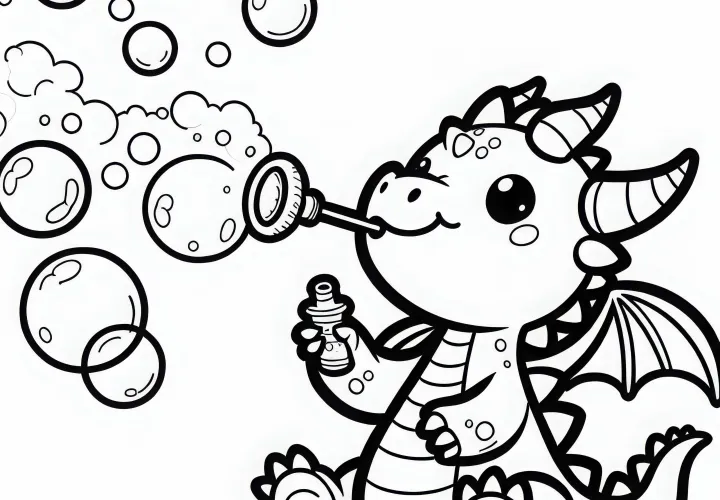 Dragon souffle des bulles de savon - Dessin à colorier pour les garçons à partir de trois ans, gratuit