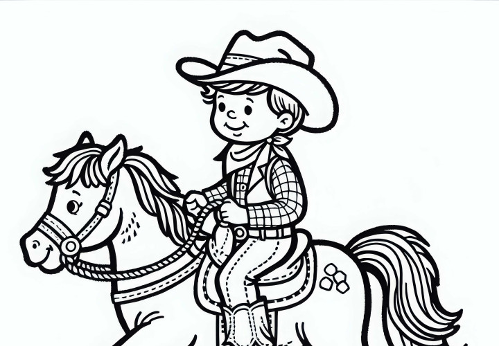 Cowboy sur poney - Dessin à colorier gratuit pour les garçons à partir de trois ans