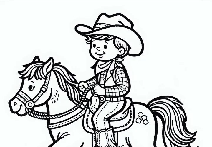 Cowboy sur poney - Dessin à colorier gratuit pour les garçons à partir de trois ans