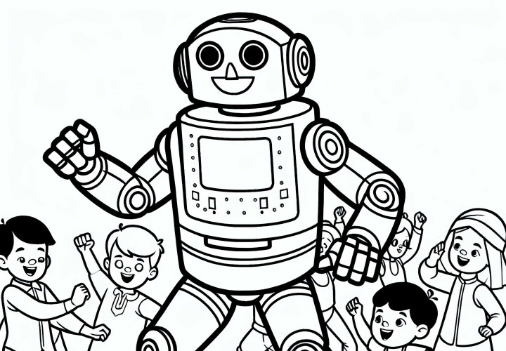 Robot danse avec des enfants - Dessin à colorier gratuit pour les garçons à partir de trois ans