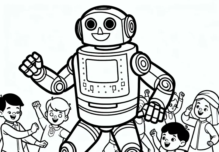 Robot danse avec des enfants - Dessin à colorier gratuit pour les garçons à partir de trois ans