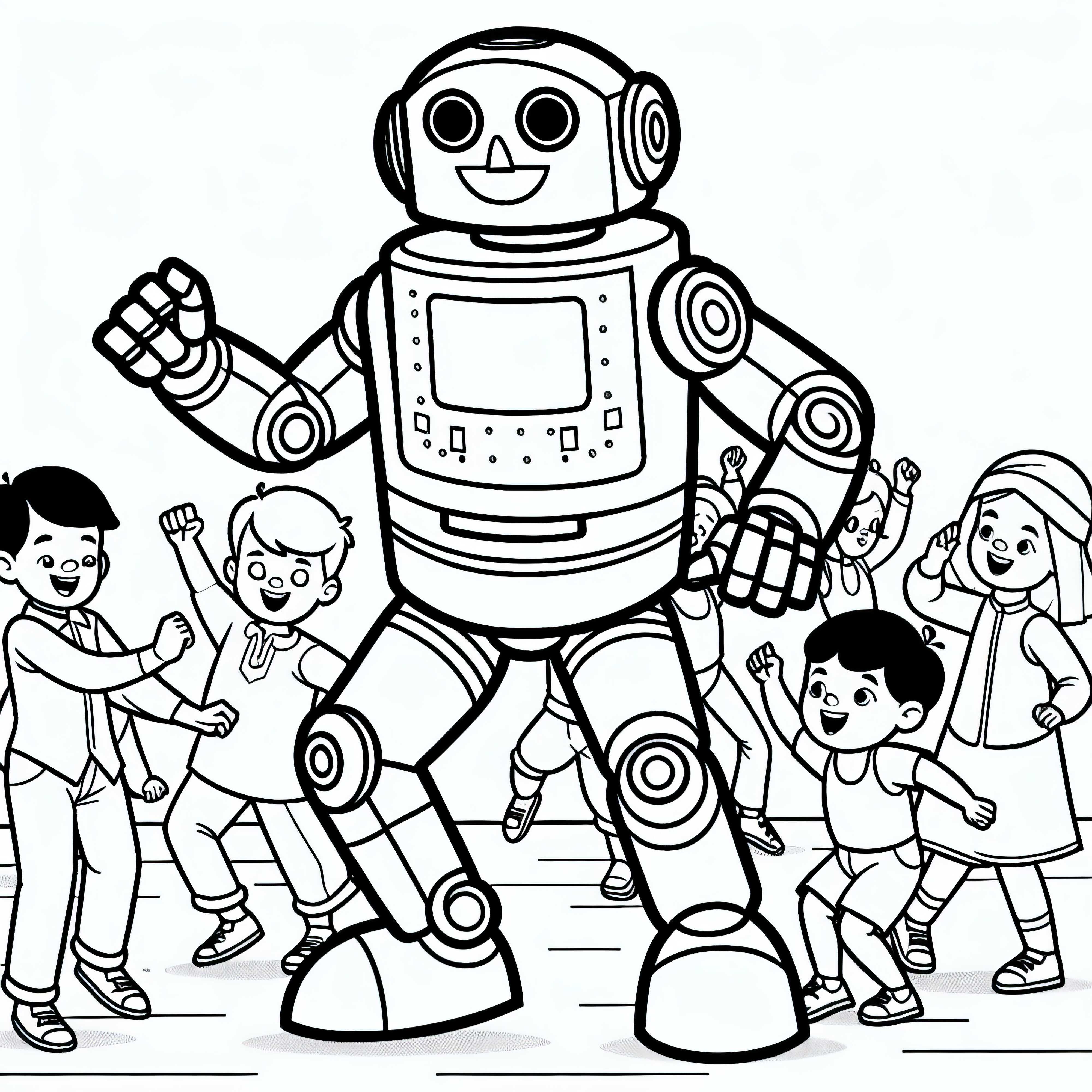 Robot danse avec des enfants – Dessin à colorier gratuit pour les garçons à partir de trois ans