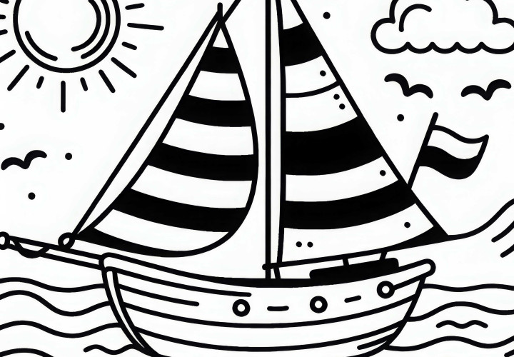 Bateau sur un lac calme - Page à colorier pour les garçons à partir de trois ans, gratuite