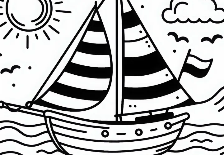 Bateau sur un lac calme - Page à colorier pour les garçons à partir de trois ans, gratuite