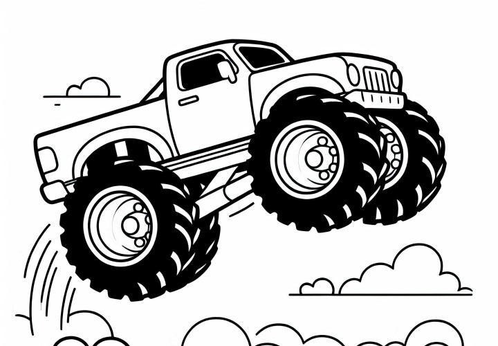 Monster truck passe sur la rampe - Page à colorier gratuite pour les garçons à partir de trois ans