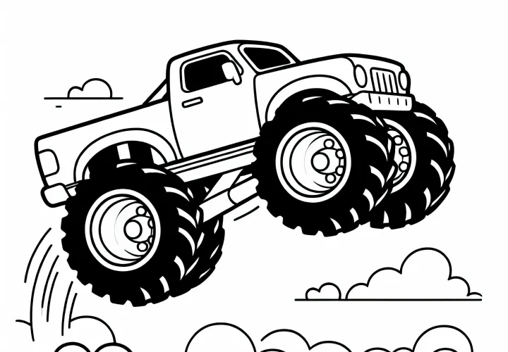 Monster truck passe sur la rampe - Page à colorier gratuite pour les garçons à partir de trois ans