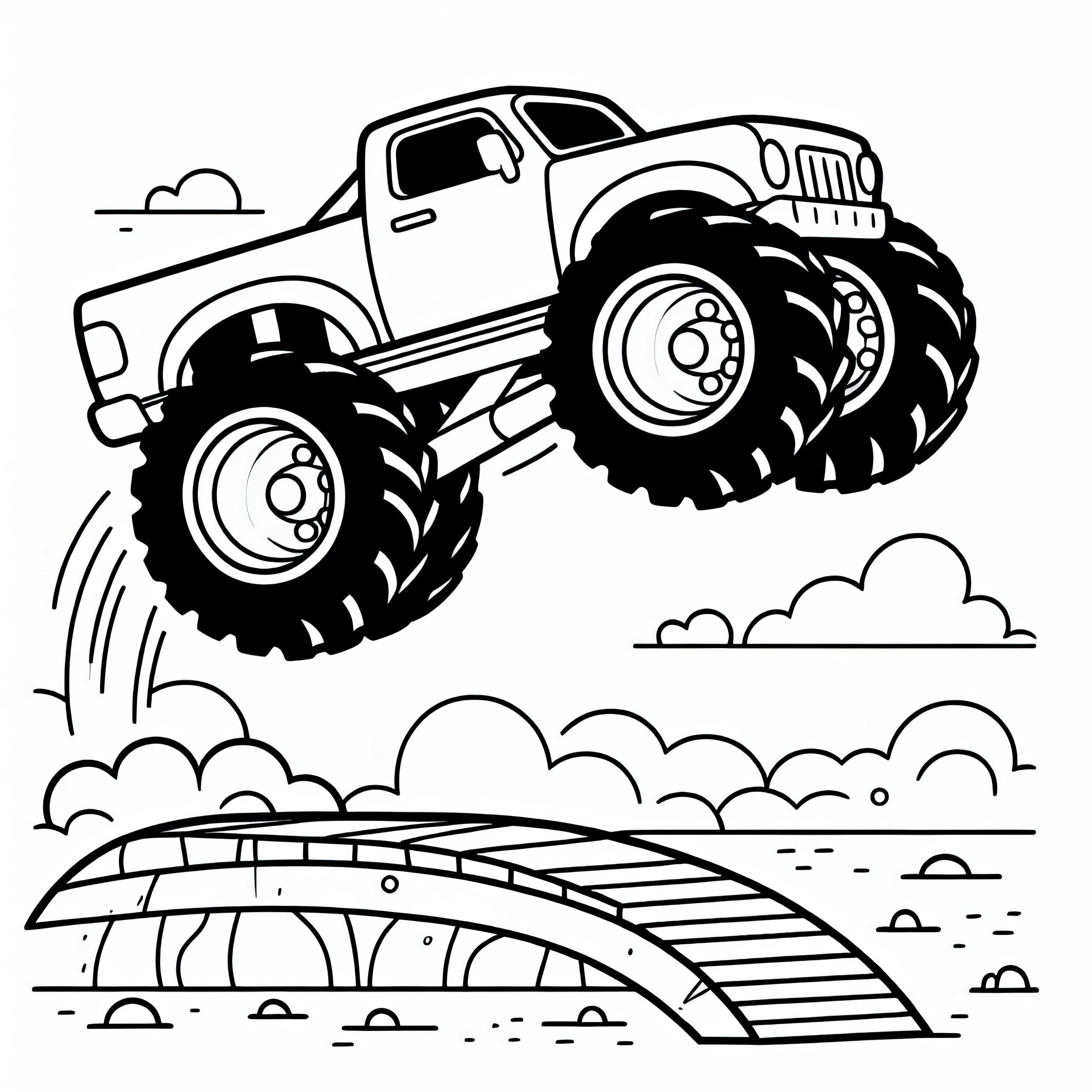 Monster truck roule sur une rampe – Dessin à colorier gratuit pour les garçons à partir de trois ans