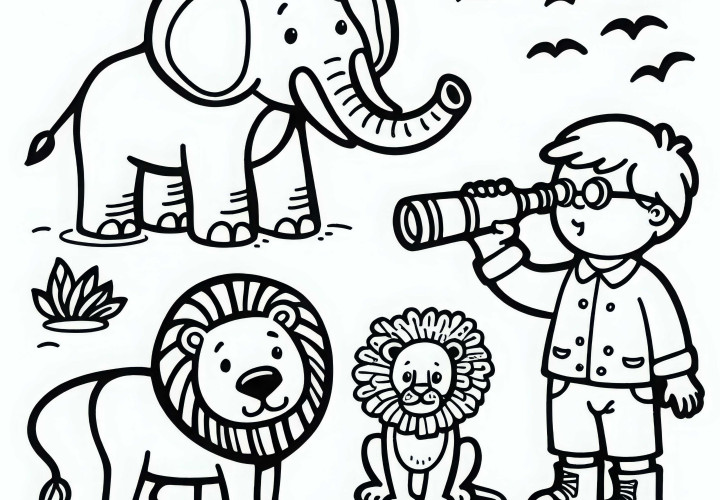 Image à colorier pour les garçons : zoo avec éléphant, lion et enfant avec des jumelles