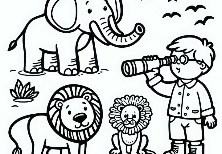 Image à colorier pour les garçons : zoo avec éléphant, lion et enfant avec des jumelles
