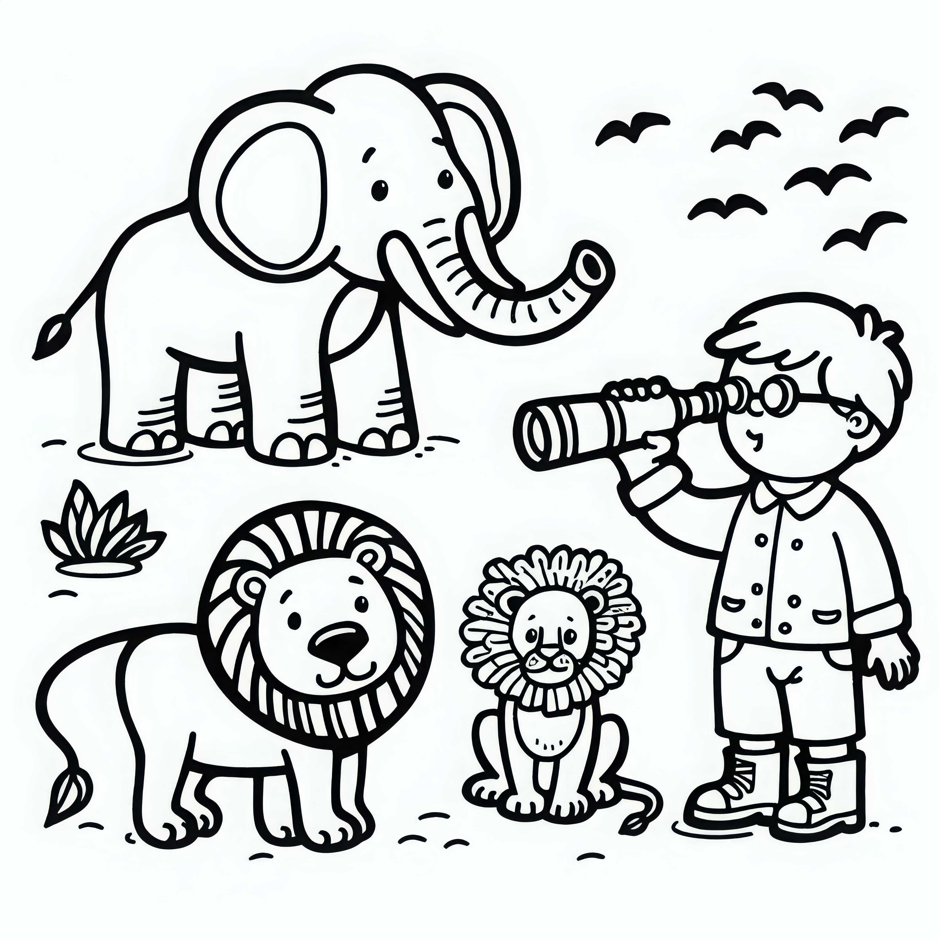 Dessin à colorier pour garçons : zoo avec éléphant, lion et enfant avec des jumelles