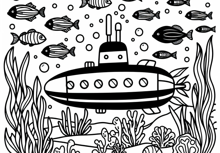 Sous-marin sous l'eau avec des poissons – Dessin à colorier pour les garçons à partir de trois ans, gratuit