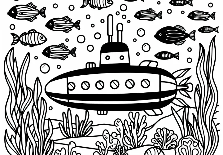 Sous-marin sous l'eau avec des poissons – Dessin à colorier pour les garçons à partir de trois ans, gratuit