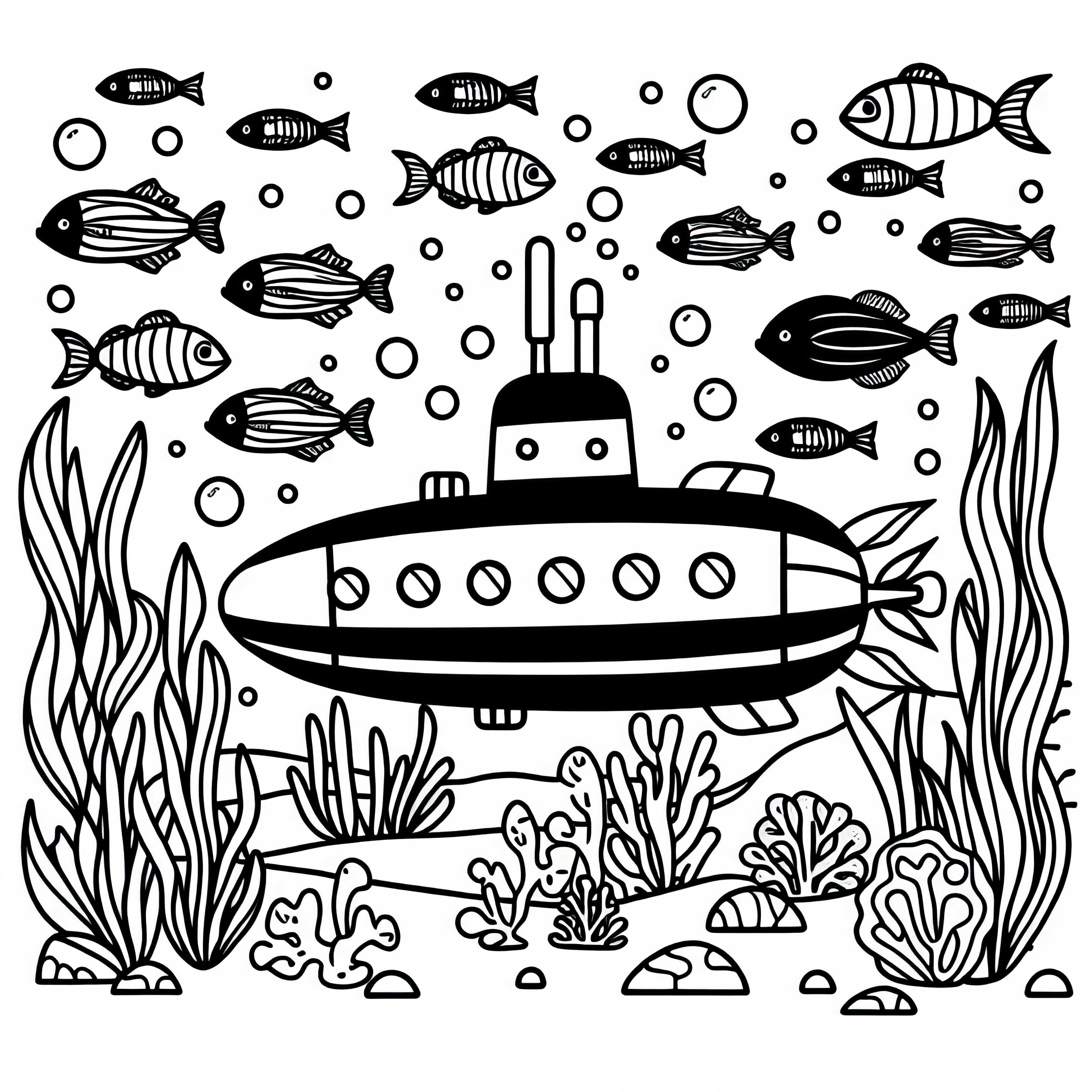 Sous-marin sous l'eau avec des poissons - modèle à colorier pour les garçons à partir de trois ans, gratuit