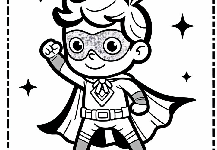 Enfant en costume de super-héros avec cape - Dessin à colorier gratuit pour les garçons à partir de trois ans