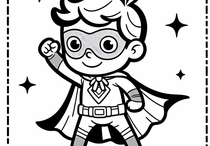 Enfant en costume de super-héros avec cape - Dessin à colorier gratuit pour les garçons à partir de trois ans