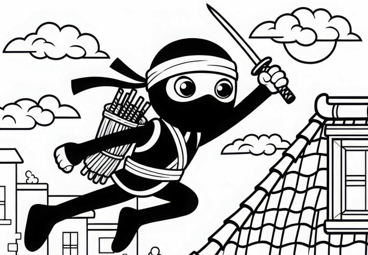 Ninja saute par-dessus le toit – Dessin à colorier gratuit pour les garçons à partir de six ans