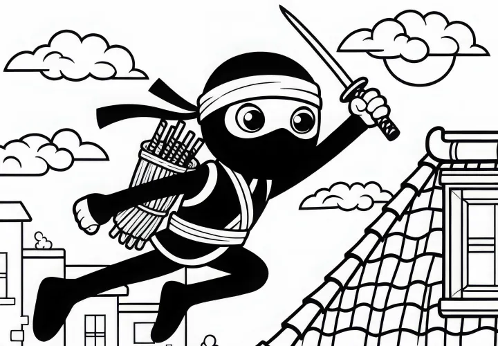 Ninja saute par-dessus le toit – Dessin à colorier gratuit pour les garçons à partir de six ans