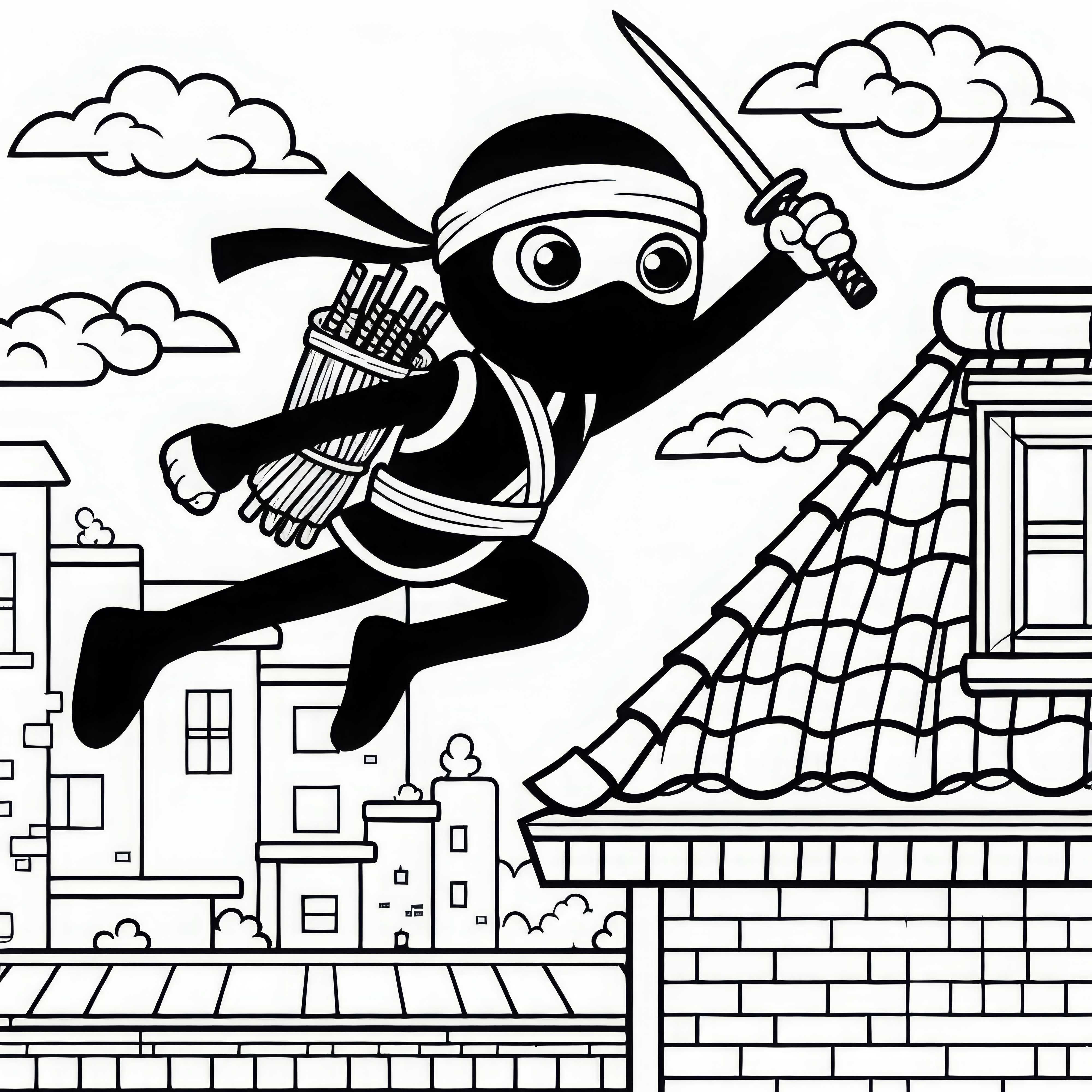 Un ninja saute par-dessus le toit – Coloriage gratuit pour les garçons à partir de six ans