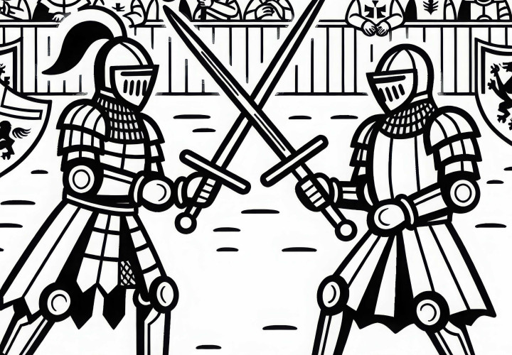 Deux chevaliers se battent dans un tournoi avec des épées en bois - Image à colorier pour les garçons à partir de six ans
