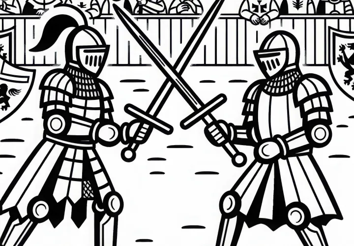 Deux chevaliers se battent dans un tournoi avec des épées en bois - Image à colorier pour les garçons à partir de six ans