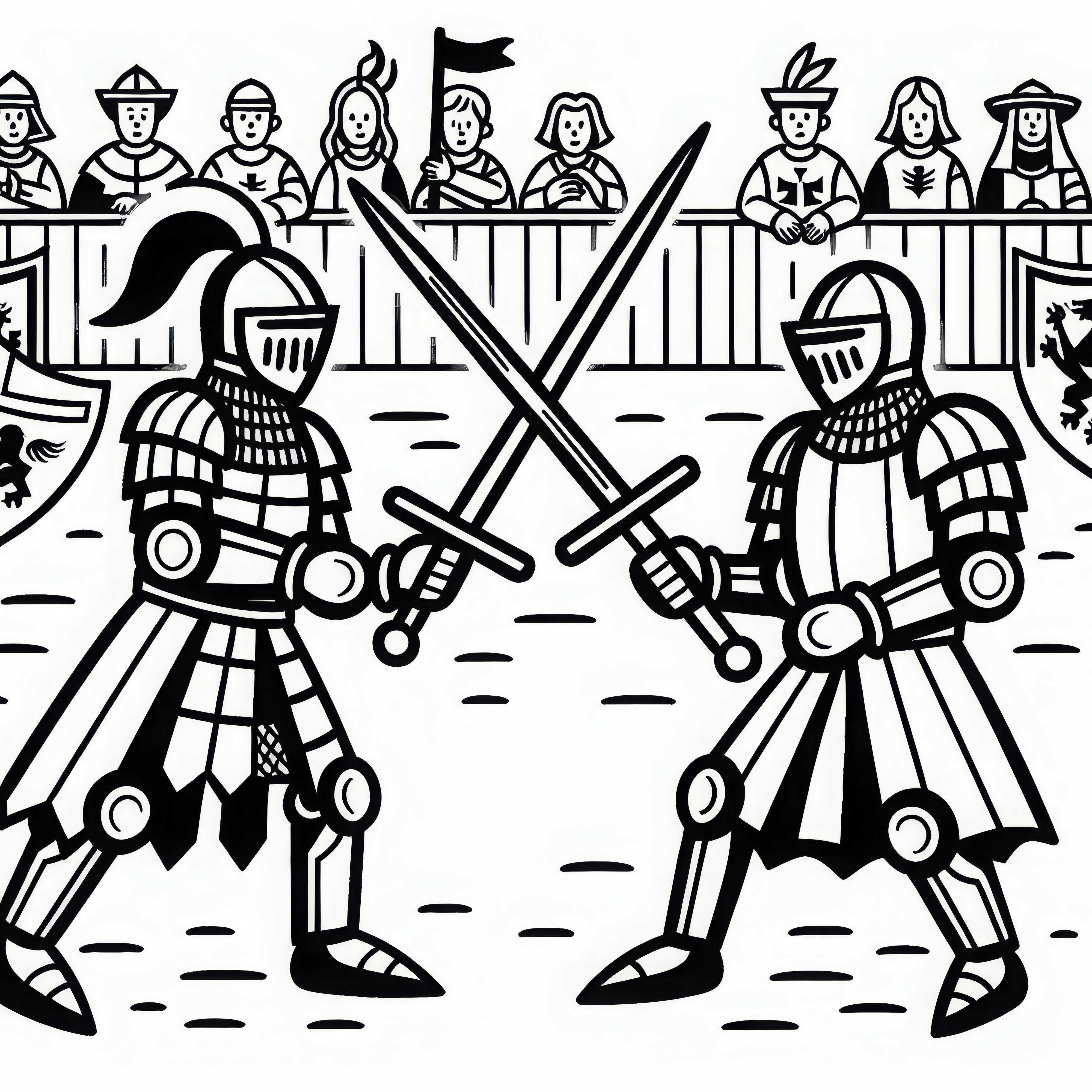 Deux chevaliers se battent dans un tournoi avec des épées en bois - Dessin à colorier pour les garçons à partir de six ans