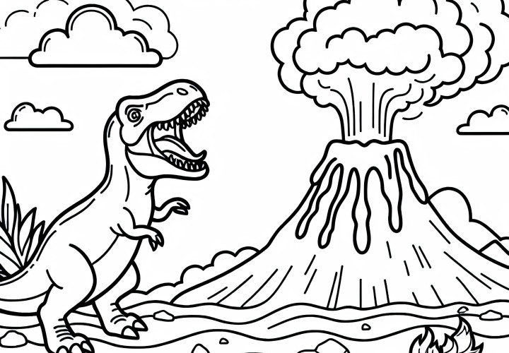 Le dinosaure rugit à côté d'un volcan – Image à colorier pour les garçons à partir de six ans – Gratuit