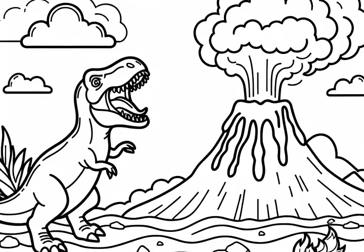 Le dinosaure rugit à côté d'un volcan – Image à colorier pour les garçons à partir de six ans – Gratuit