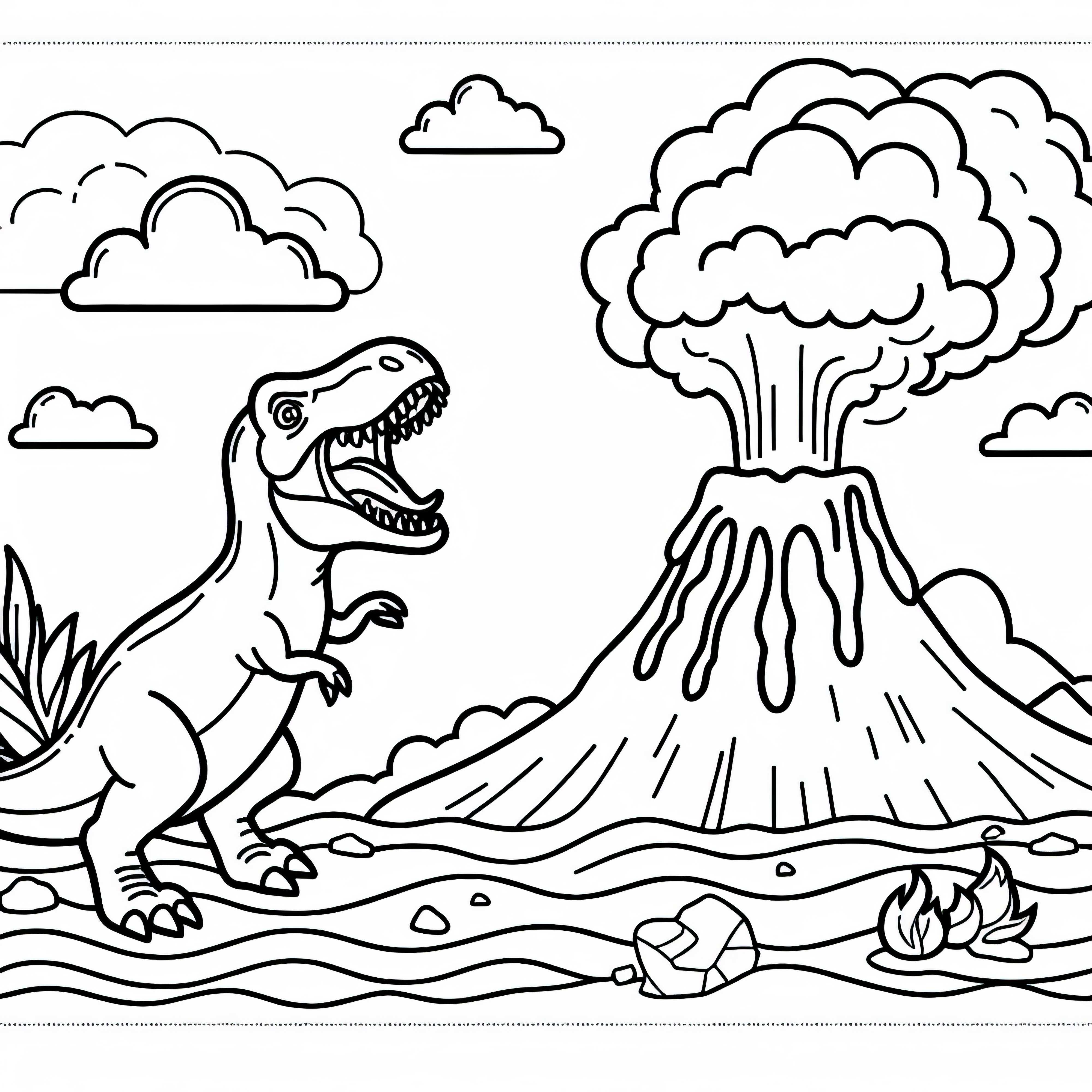 Le dinosaure rugit à côté d'un volcan - Dessin à colorier pour les garçons à partir de six ans - Gratuit