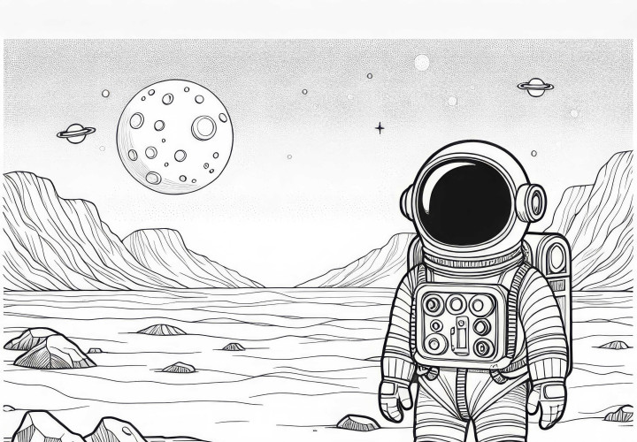 Garçon en combinaison d'astronaute sur Mars - Dessin à colorier pour les garçons à partir de six ans gratuit