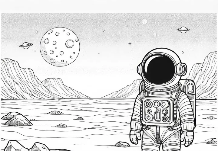 Garçon en combinaison d'astronaute sur Mars - Dessin à colorier pour les garçons à partir de six ans gratuit