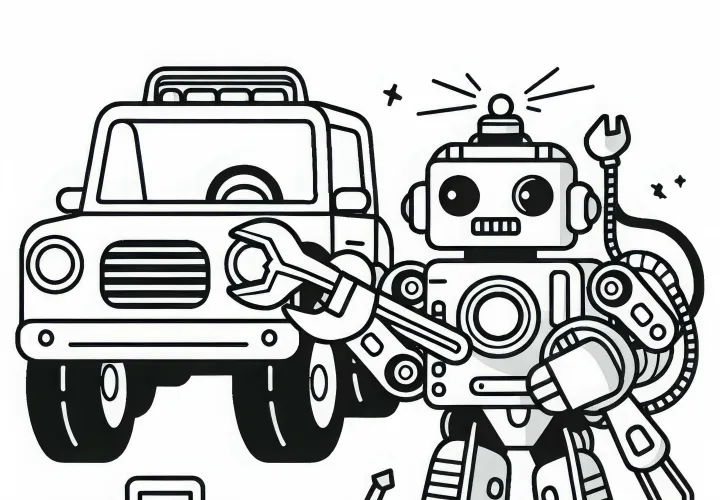 Robot avec des bras outils répare un véhicule – Dessin à colorier pour les garçons à partir de six ans gratuit