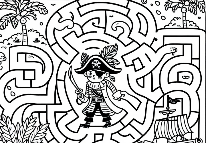 Un pirate navigue à travers un labyrinthe d'îles – Modèle à colorier gratuit pour les garçons à partir de six ans